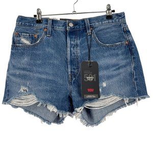 New Levi's Size 29 501 Jean Shorts High Rise Cutoff Button Fly Distressed Blue